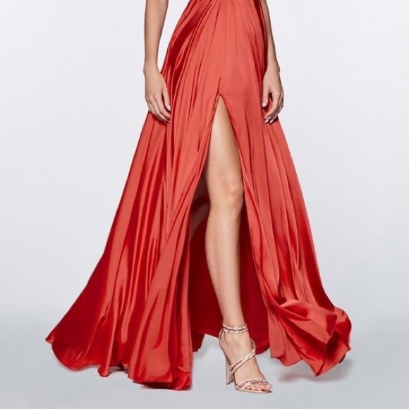 Red Satin V-Neck Prom Pageant Dress - Picture 2 of 7